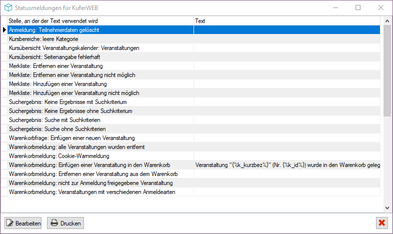 Übersicht „Statusmeldungen für KuferWEB” mit den Spalten „Stelle, an der der Text verwendet wird” und „Text”; gelistet sind Anmeldung, Kursbereiche, Kursübersicht, Merkliste, Suchergebnis, Warenkorbfrage und Warenkorbmeldungen