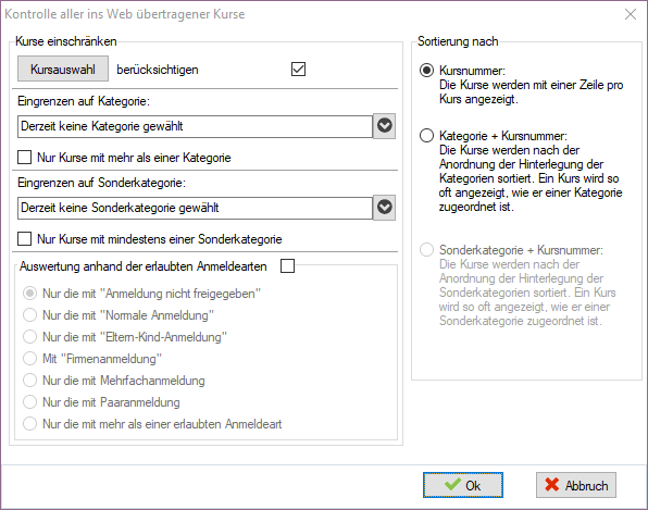 Auswahldialog „Kontrolle aller ins Web übertragener Kurse” mit Kursauswahl-Block, Eingrenzen auf Kategorie und Sonderkategorie, Filtern „Nur Kurse mit mehr als einer Kategorie / mit mindestens einer Sonderkategorie”, Auswertung anhand erlaubter Anmeldearten (Anmeldung nicht freigegeben, Normale Anmeldung, Eltern-Kind, Firmenanmeldung, Mehrfach, Paaranmeldung, mehr als einer Anmeldeart) und rechts Sortierungsoptionen Kursnummer / Kategorie + Kursnummer / Sonderkategorie + Kursnummer