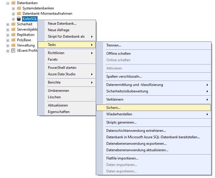 Kontextmenü einer Datenbank im SSMS-Objekt-Explorer mit dem aufgeklappten Untermenü Tasks und dem markierten Eintrag Sichern