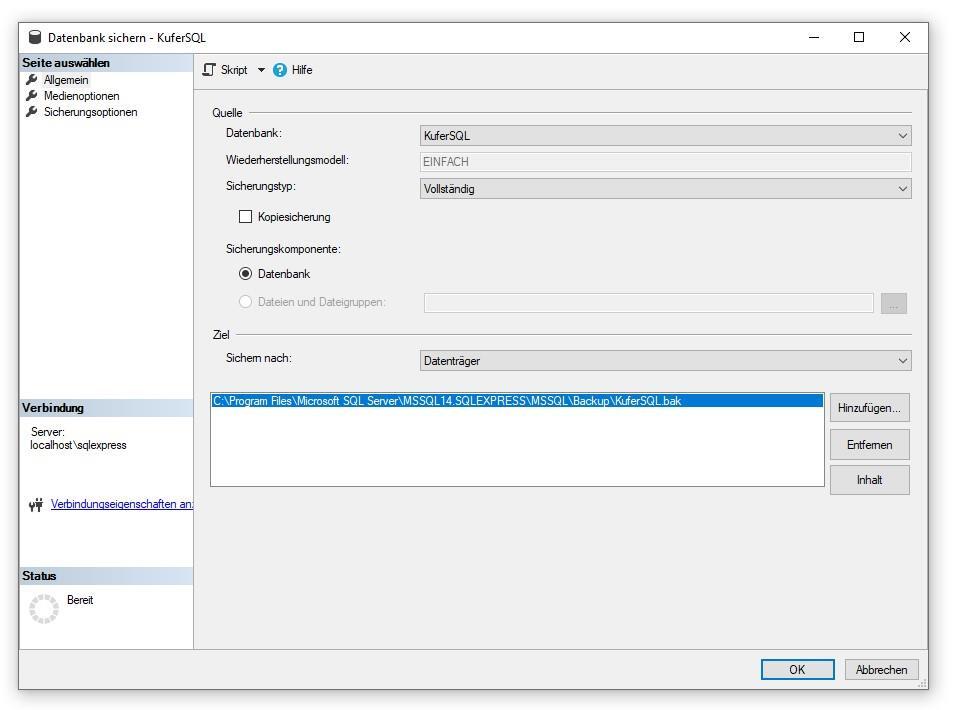 Dialog „Datenbank sichern” im SSMS mit Sicherungstyp Vollständig, Sicherungskomponente Datenbank, Ziel Datenträger und einem Backup-Pfad mit .bak-Datei