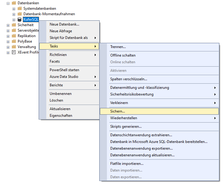SSMS-Kontextmenü „Tasks → Sichern…” auf der KuferSQL-Datenbank