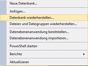 Kontextmenü auf „Datenbanken” mit „Datenbank wiederherstellen…”