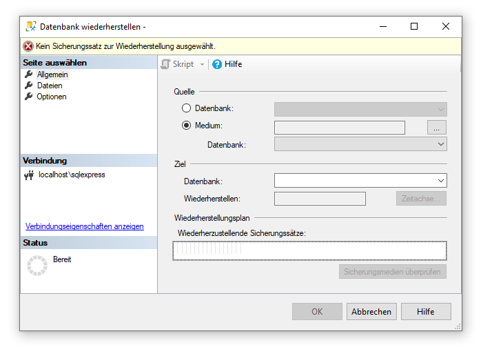 Dialog „Datenbank wiederherstellen” mit Quelle Medium und Ziel-Datenbank