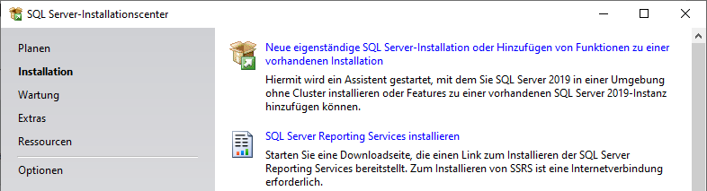 SQL Server-Installationscenter mit dem Bereich Installation und dem Eintrag für eine neue eigenständige SQL Server-Installation