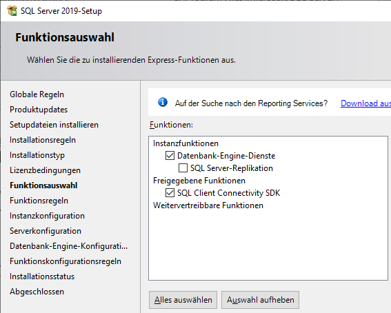 Setup-Seite Funktionsauswahl mit der Liste Funktionen: unter Instanzfunktionen ist Datenbank-Engine-Dienste angehakt, SQL Server-Replikation nicht; unter Freigegebene Funktionen ist SQL Client Connectivity SDK angehakt