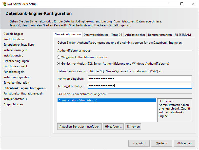 Setup-Seite Datenbank-Engine-Konfiguration mit ausgewähltem gemischten Modus und Kennwortfeldern für das SA-Konto