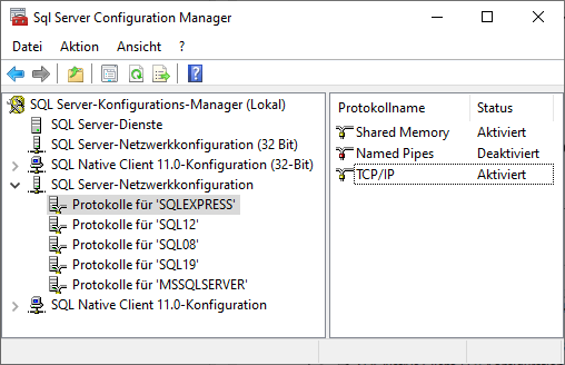 SQL Server-Konfigurationsmanager mit aufgeklappter Netzwerkkonfiguration und der Protokollliste Shared Memory, Named Pipes und TCP/IP
