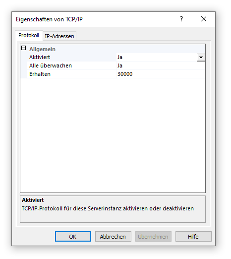 Eigenschaften von TCP/IP, Reiter Protokoll, mit dem auf Ja gesetzten Wert Aktiviert