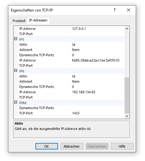Eigenschaften von TCP/IP, Reiter IP-Adressen, mit dem Abschnitt IPAll und dem TCP-Port 1433