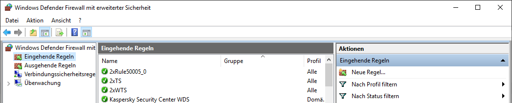 Windows Defender Firewall mit erweiterter Sicherheit, Ansicht Eingehende Regeln mit dem Aktionsbereich und dem Eintrag Neue Regel