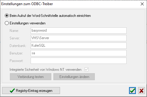 Dialog „Einstellungen zum ODBC-Treiber” mit den Optionen für die automatische und die händische Einrichtung
