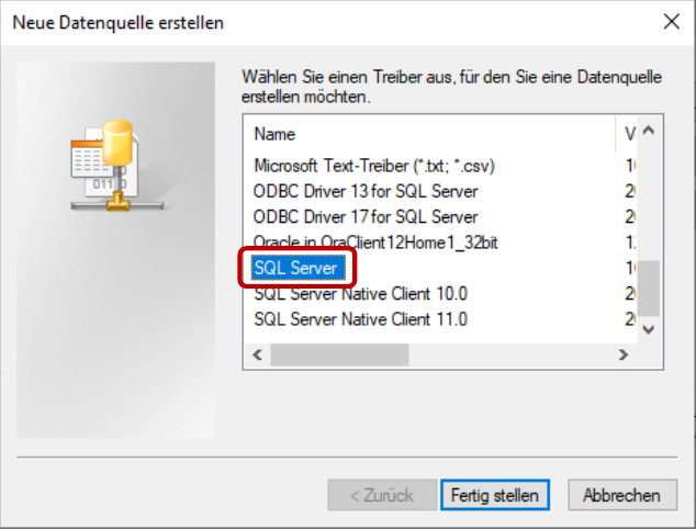 Dialog „Neue Datenquelle erstellen” – der Treiber „SQL Server” ist in der Liste rot markiert