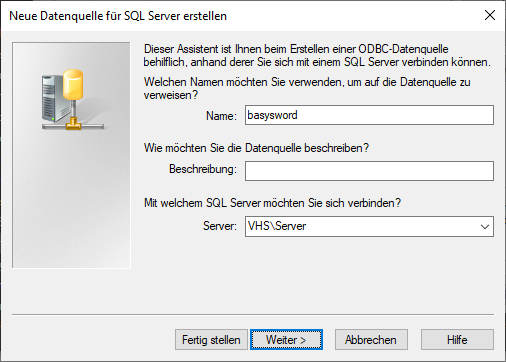 Assistent „Neue Datenquelle für SQL Server erstellen” mit den Feldern Name, Beschreibung und Server