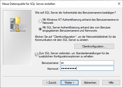 Assistent „Neue Datenquelle für SQL Server erstellen” mit der Auswahl der Authentifizierung sowie Benutzername und Kennwort