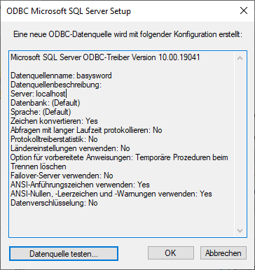 Fenster „ODBC Microsoft SQL Server Setup” mit der Konfigurationsübersicht und der Schaltfläche „Datenquelle testen”