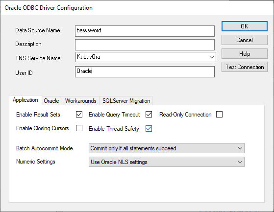 Dialog „Oracle ODBC Driver Configuration” mit Data Source Name, TNS Service Name und User ID