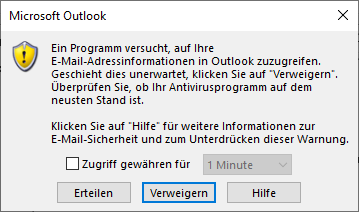 Outlook-Sicherheitswarnung „Ein Programm versucht, auf Ihre E-Mail-Adressinformationen in Outlook zuzugreifen” mit den Schaltflächen Erteilen, Verweigern und Hilfe
