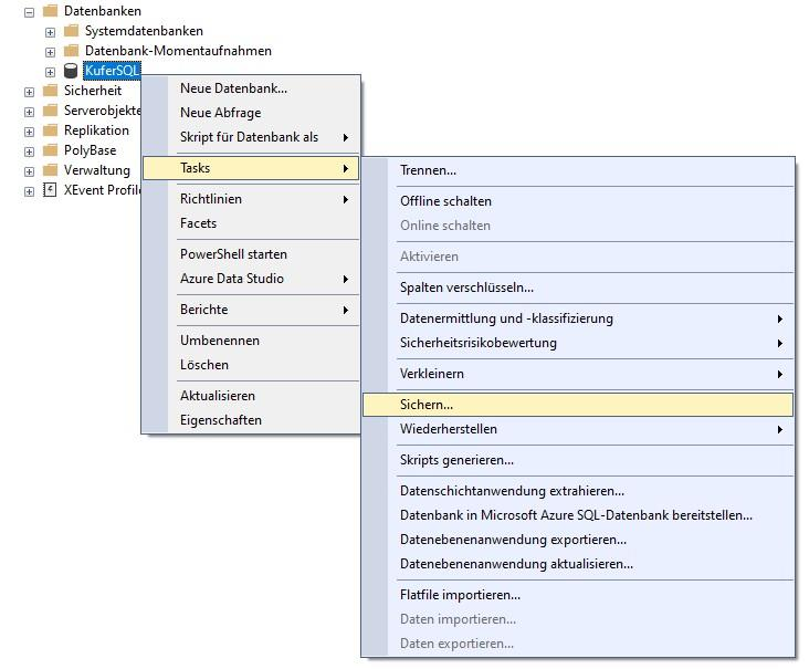 SSMS-Kontextmenü mit Tasks → Sichern… für die Datenbank „KuferSQL”