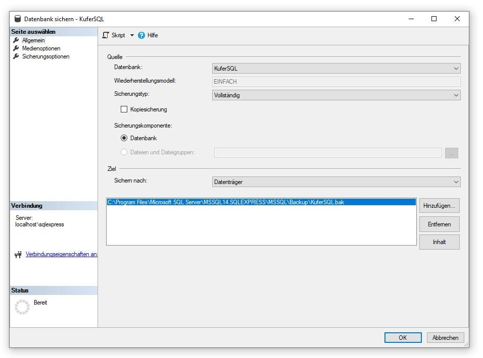 Dialog „Datenbank sichern — KuferSQL” mit Sicherungstyp „Vollständig”, Sichern nach „Datenträger” und Zielpfad