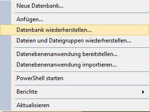 Kontextmenü auf „Datenbanken” in SSMS mit hervorgehobenem Eintrag „Datenbank wiederherstellen…”