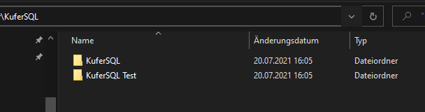 Windows-Explorer-Liste mit den beiden Ordnern „KuferSQL” und „KuferSQL Test” untereinander im selben übergeordneten Verzeichnis