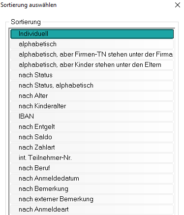 Sortierungs-Dialog mit den vordefinierten Sortier-Optionen