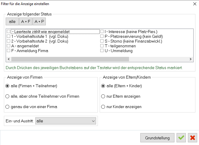 Filter-Dialog mit Status-Auswahl und Optionen für Firmen sowie Eltern und Kinder