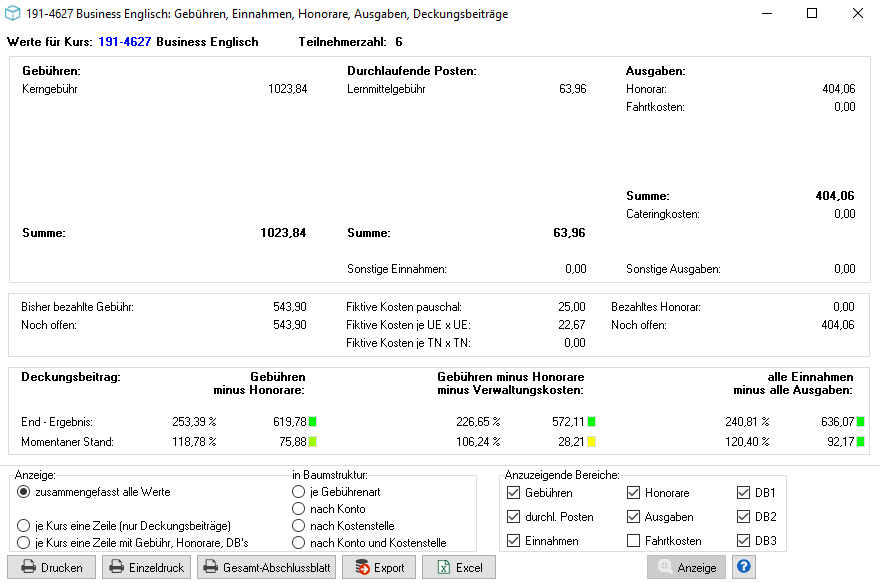 Deckungsbeitrags-Dialog mit drei Formeln, Anzeigen-Optionen und Filtern für die Anzeige je Gebührenart, Konto oder Kostenstelle