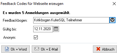 Dialog „Feedback Codes für Webseite erzeugen” mit Auswahl des Fragebogens, Gültigkeitsdatum und Schalter „Anonym”