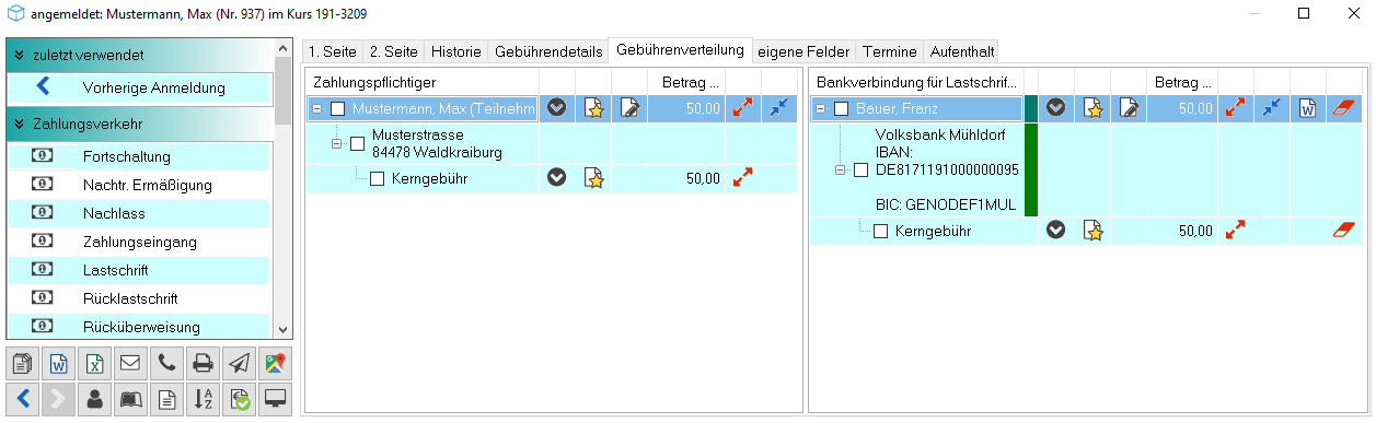 Gebührenverteilung mit Zahlungspflichtigem links, Bankverbindung für Lastschrift rechts, jeweils mit Adresse, IBAN, BIC und Aufteilung der Kerngebühr