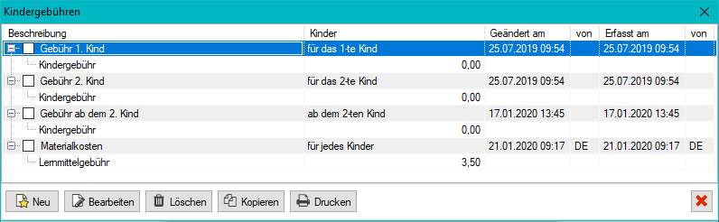 Übersicht „Kindergebühren” – vordefinierte Zahlpläne für 1. Kind, 2. Kind, ab dem 2. Kind und Materialkosten