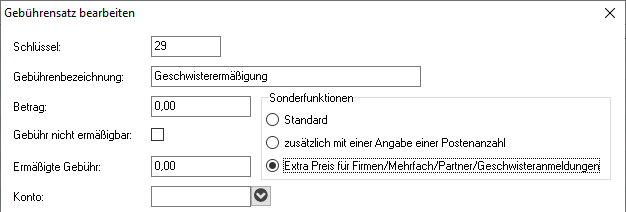 Dialog „Gebührensatz bearbeiten” – Gebührenbezeichnung „Geschwisterermäßigung” mit ausgewählter Sonderfunktion „Extra Preis für Firmen/Mehrfach/Partner/Geschwisteranmeldungen”