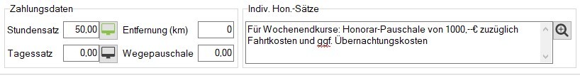 Zahlungsdaten-Bereich mit Stundensatz 50,00 EUR und Feld „Indiv. Hon.-Sätze” mit Honorar-Pauschale-Text für Wochenendkurse