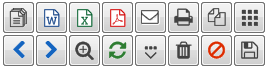 Bedienleiste der Stammdaten in KuferSQL – zwei Reihen mit je acht Symbolen: Dokumentenverwaltung, Word, Excel, rotes PDF-Symbol für Mail mit Anhang, Briefumschlag, Drucker, Kopieren und Favoriten-Raster; darunter Pfeil zurück, Pfeil vor, Lupe, Kreispfeile für die erneute Anwahl, Historie, Papierkorb, rotes Verbotszeichen zum Verwerfen und Diskette zum Speichern
