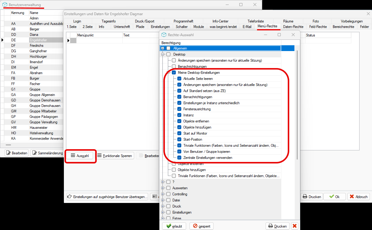 Benutzerverwaltung mit Rechte-Auswahl für den Bereich Desktop und Meine Desktop-Einstellungen