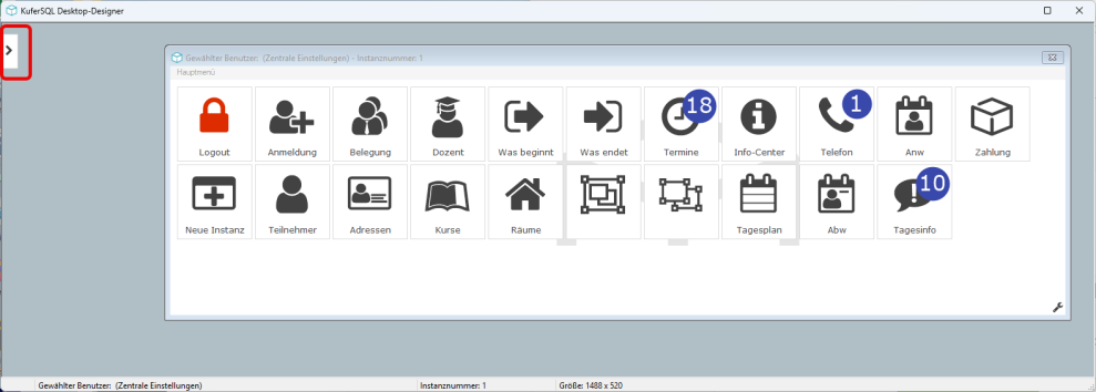 Desktop-Designer mit hervorgehobener Pfeil-Schaltfläche zum Öffnen des Einstellungsbereichs