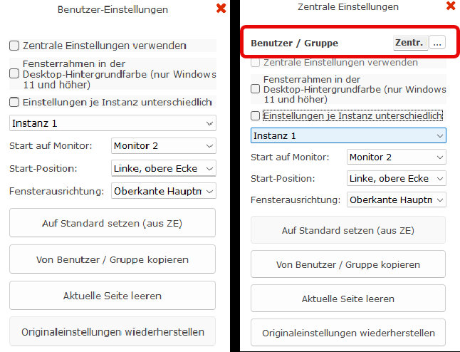 Vergleich der zwei Einstellungsbereiche – links Benutzer-Einstellungen (Schraubenschlüssel-Aufruf), rechts Zentrale Einstellungen mit Auswahl Benutzer/Gruppe