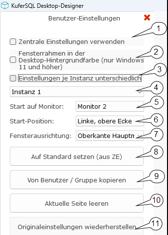 Einstellungsbereich Benutzer-Einstellungen mit nummerierten Optionen 1 bis 11
