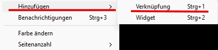 Kontextmenü mit Untermenü „Hinzufügen” und den Einträgen Verknüpfung und Widget