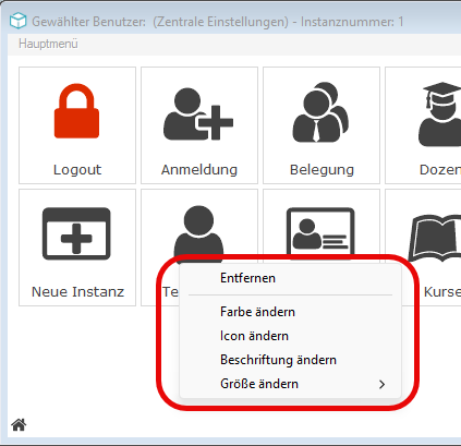 Kontextmenü „Bearbeiten” mit den Punkten Entfernen, Farbe ändern, Icon ändern, Beschriftung ändern und Größe ändern