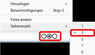 Kontextmenü „Seitenanzahl” mit Auswahl 1, 3, 5, 7, 9 – aktuell ist 3 gewählt