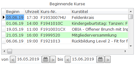 Widget „Beginnende Kurse” mit Spalten Beginn, Uhrzeit, Kurs-Nr. und Kurstitel sowie Datumsfilter