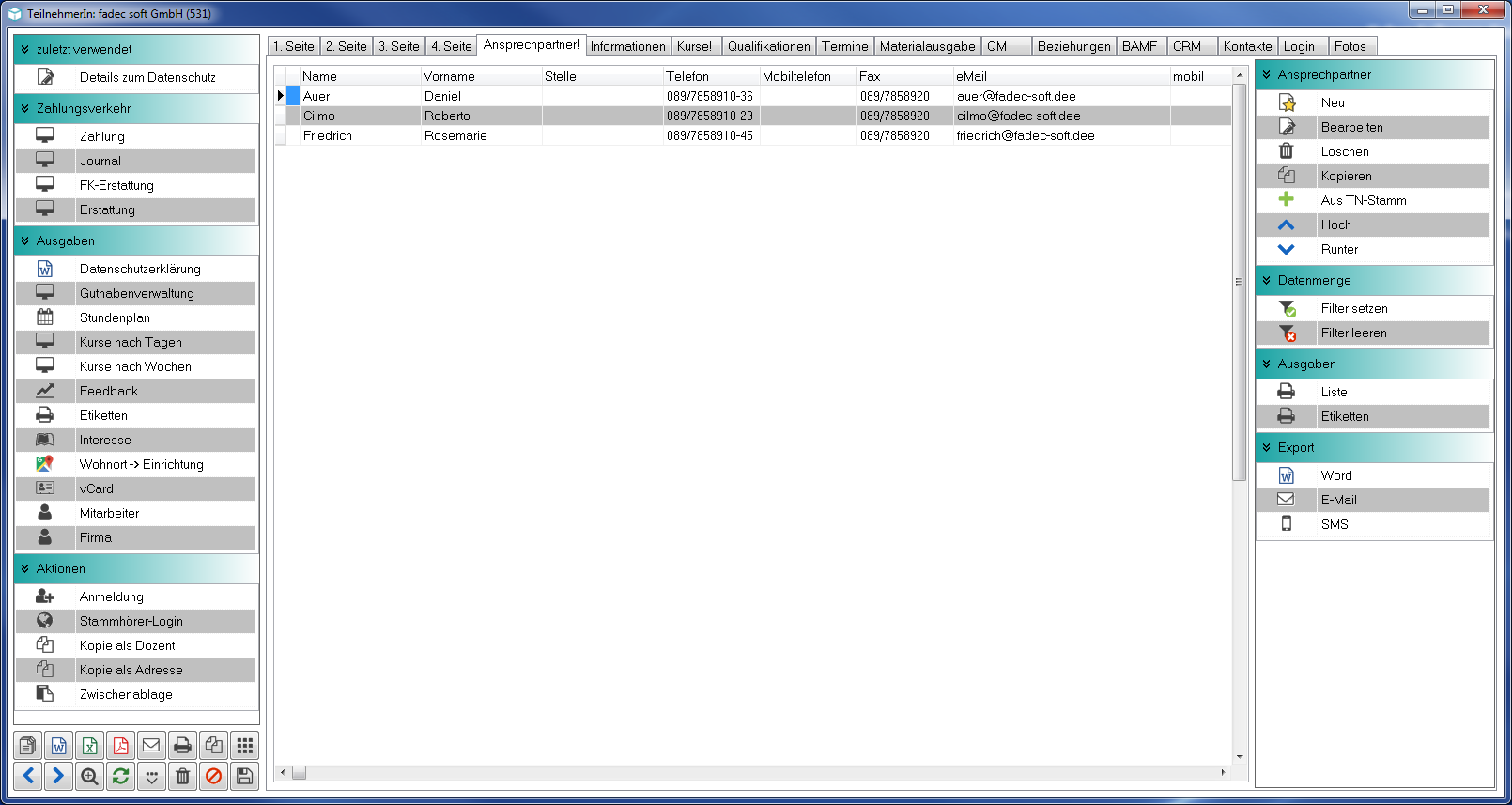 Reiter „Ansprechpartner” im Teilnehmerstamm mit Liste der Ansprechpartner und Aktionsbuttons rechts