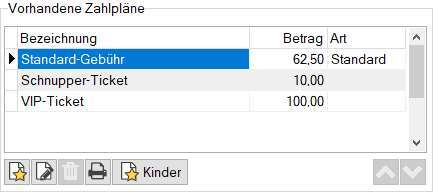 Bereich „Vorhandene Zahlpläne” – Liste mit Bezeichnung, Betrag und Art je Zahlplan