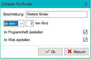 Dialog „Zahlplan für Kinder” – Beschreibung, Geltungsbereich ab N-tem Kind, Anzeige im Programmheft und im Web