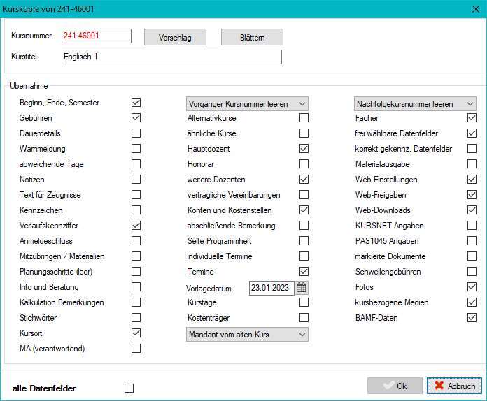 Kurskopie-Dialog – Felder Kursnummer und Kurstitel oben, darunter eine vielfältige Übernahme-Checkliste