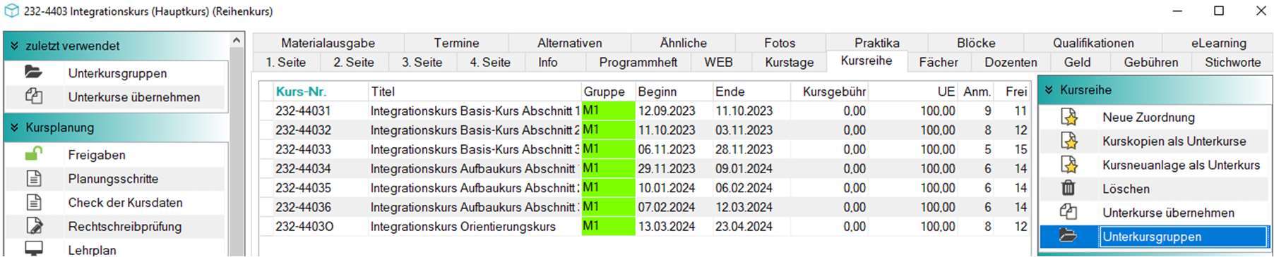 Reiter „Kursreihe” im Hauptkurs mit Liste der Unterkurse und Aktionsleiste rechts
