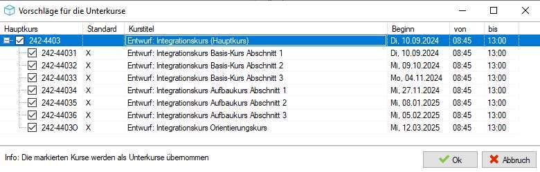 Dialog „Vorschläge für die Unterkurse” – Liste der vorgeschlagenen Hauptkurs- und Unterkurs-Zuordnungen mit Standard-Markierung und Beginn/Bis-Zeiten