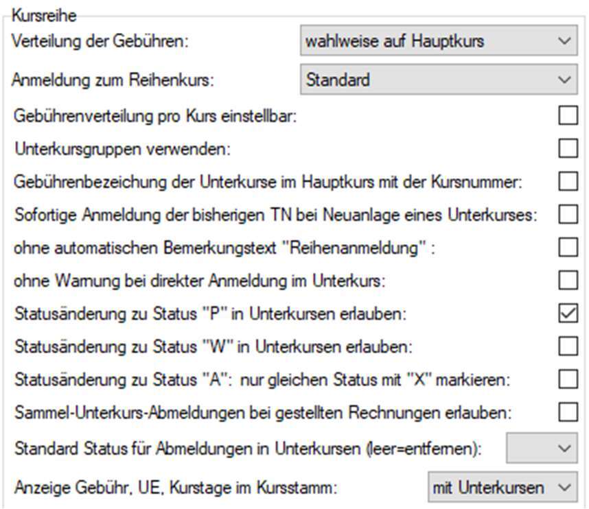 Bereich „Kursreihe” in den Zentralen Einstellungen mit Schaltern für Verteilung der Gebühren, Anmeldung zum Reihenkurs, Unterkursgruppen und Statusänderungen