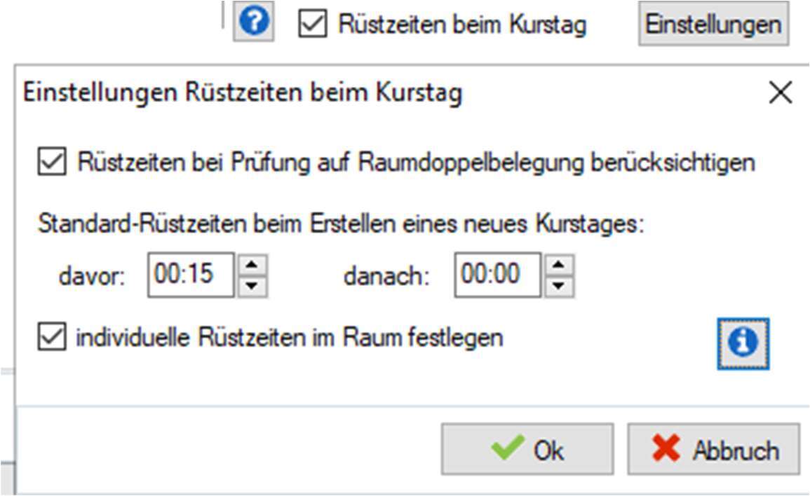 Kontrollkästchen „Rüstzeiten beim Kurstag” mit Schaltfläche „Einstellungen” und darunter der geöffnete Dialog „Einstellungen Rüstzeiten beim Kurstag”: angehaktes Kästchen „Rüstzeiten bei Prüfung auf Raumdoppelbelegung berücksichtigen”, darunter „Standard-Rüstzeiten beim Erstellen eines neues Kurstages” mit den Feldern davor 00:15 und danach 00:00, angehaktes Kästchen „individuelle Rüstzeiten im Raum festlegen” samt Info-Schaltfläche sowie die Schaltflächen Ok und Abbruch